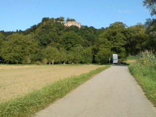 Blick auf die Burgruine Hilgartsberg in Hofkirchen, Donau-Radweg